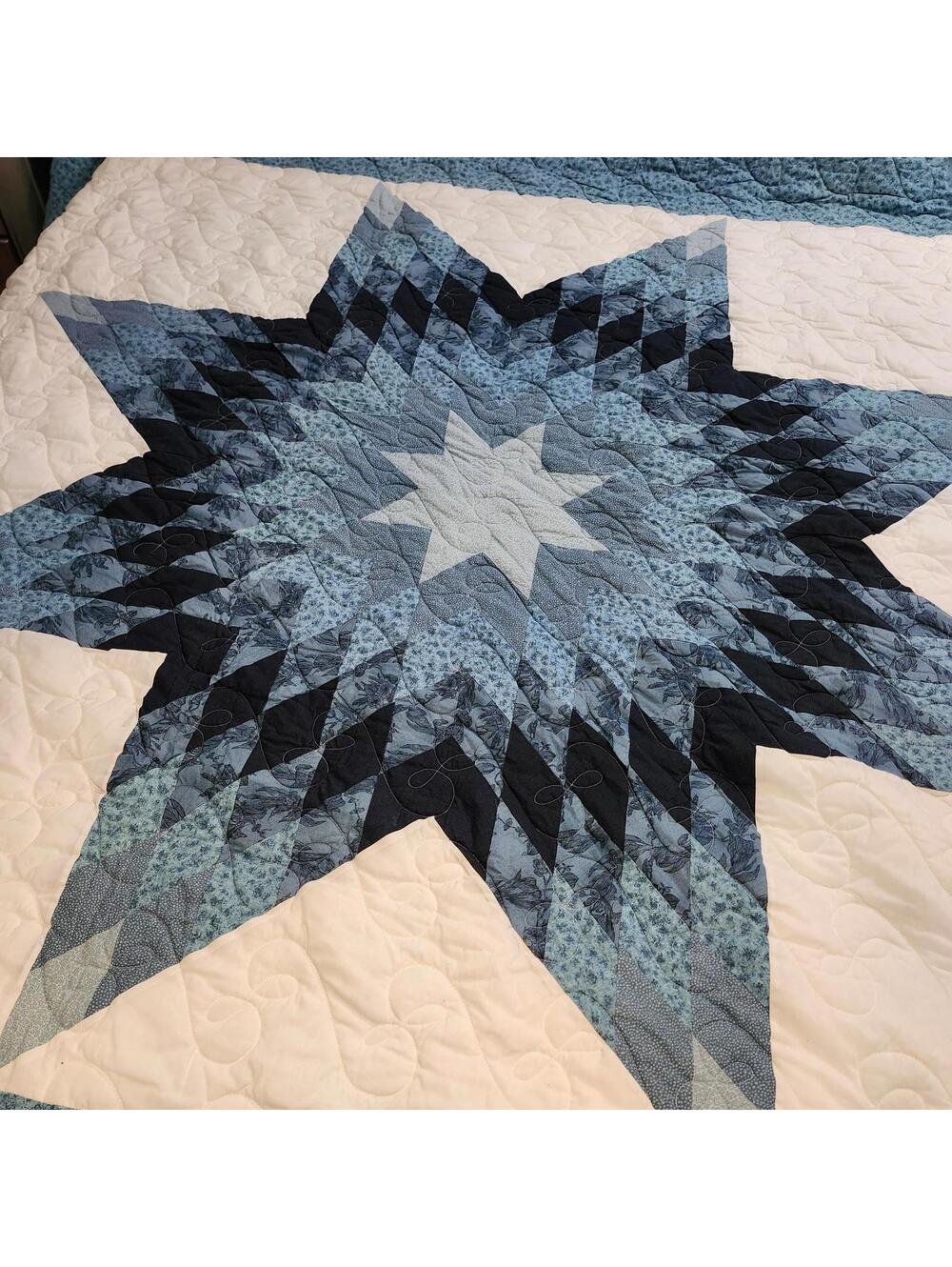 Handmade Blue Lone Star Quilt 104x88 Queen Heirloom Starburst - Picture 2 of 8